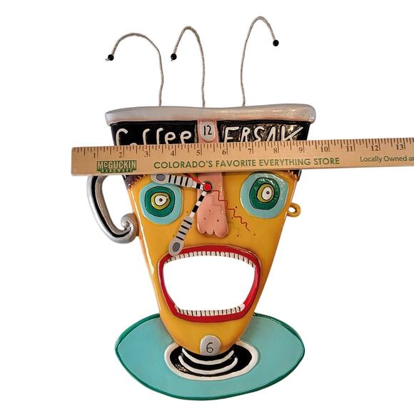 Rare Allen Designs Coffee Freak Wall Clock Studio Art Funky Mug Face 13x9" Works - Picture 3 of 16